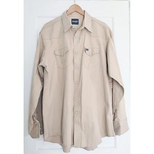 VTG Wrangler Mens Tan Western Snap Front Long Sleeve Shirt XXL Cowboy Workwear